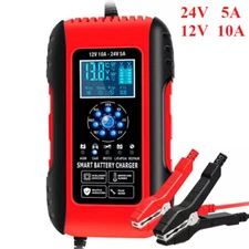 Upgraded 10A Battery Charger for Car, Truck, AGM, Lawn Mower, Marine 12V/24V