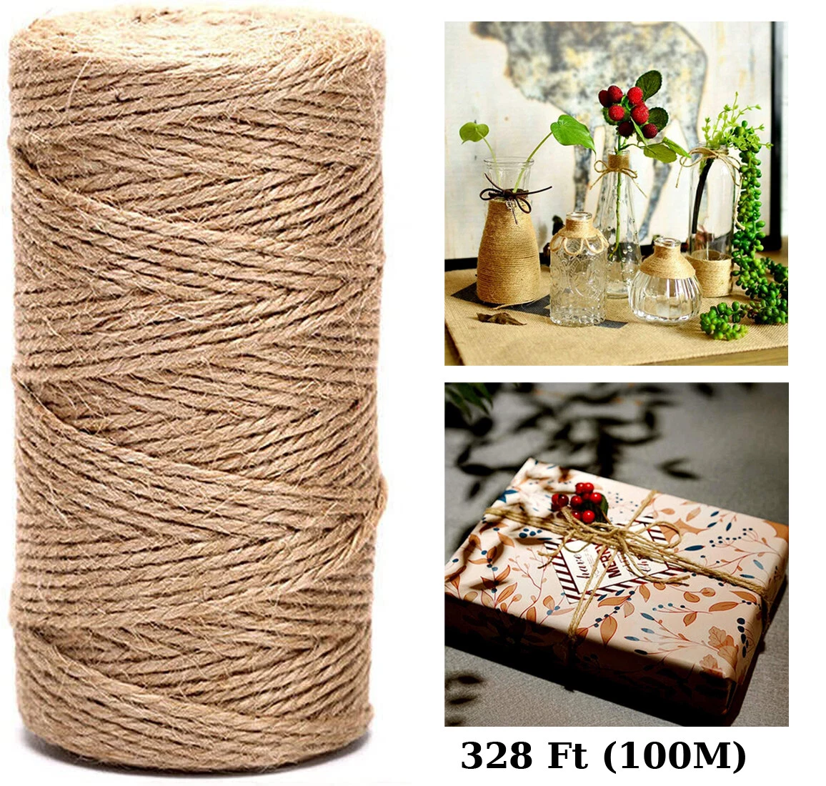 Natural Jute Twine String Thin Ribbon Hemp Twine for Wrapping Christmas, Crafts