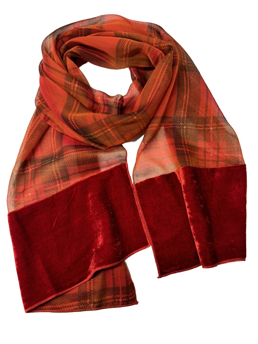 Vintage Donatello Made in Italy red tartan silk velvet scarf 