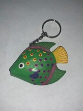 GREEN YELLOW WOODEN FISH KEYCHAIN