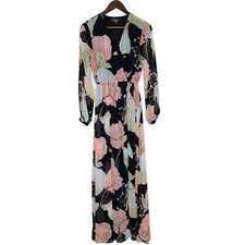 Lulus Wondrous Water Lilies Black Floral Print V-Neck Slit Maxi Dress Sz Small