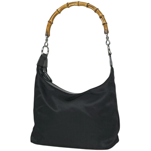 Gucci Bamboo Shoulder Bag Nylon Black Used Top Handle Handbag