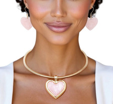 Romantic Pink Glitter Heart Jewelry Set Gold Necklace  Earrings Valentine Gift