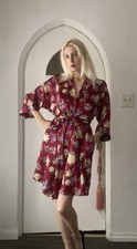 Vintage Dentelle Silky Poly Floral Print Pockets Matching Belt Wrap Robe. M