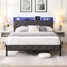 Full Bed Frame w/ Storage Headboard Charging Station LED Lights Metal Dark Gray