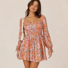 Gianni Bini Jade Floral Smocked Bodice Dress XS Puff Sleeve Square Neck Cottage