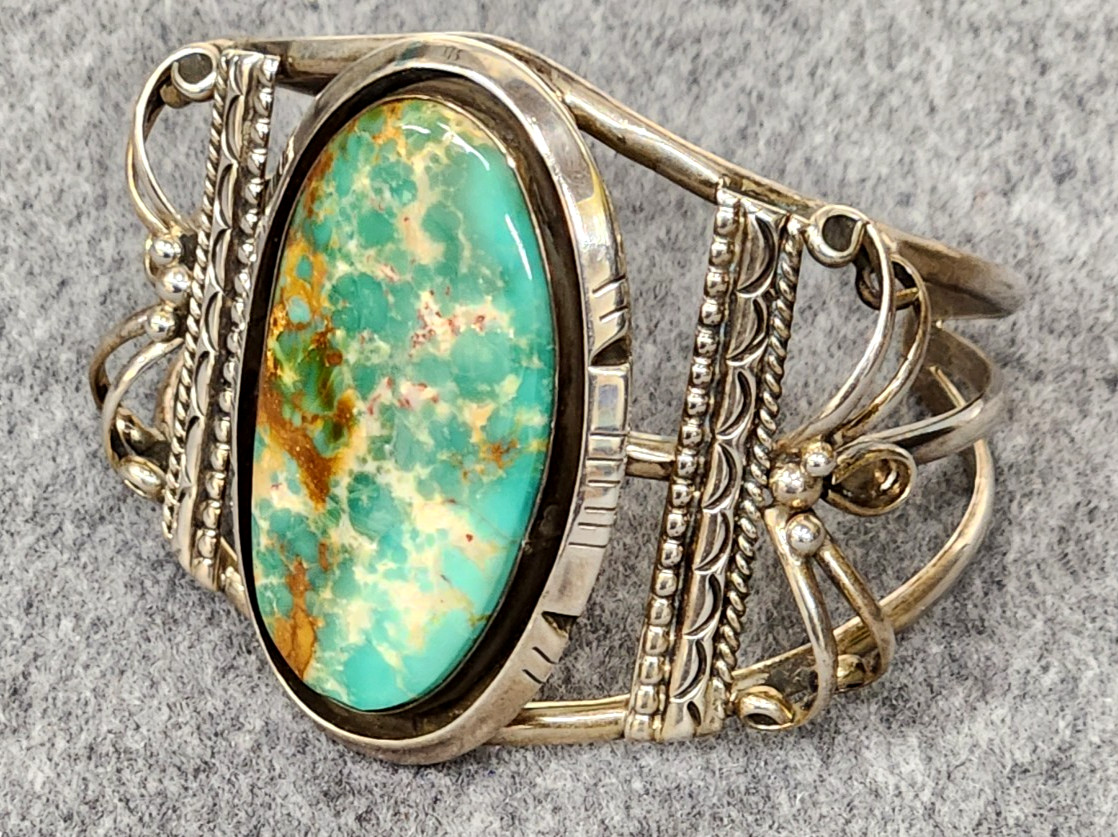 Sterling Silver Split Cuff Turquoise Cabochon Bra… - image 6