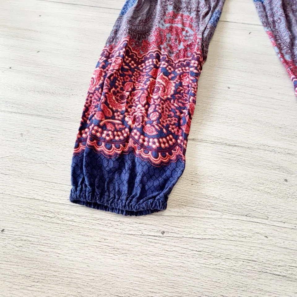 HAREM PANTS Women’s Blue Pink Floral Smocked Waist Ethnic Print Pocket OS - Image 3 of 4