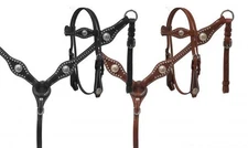 Showman Headstall & breast collar set with silver conchos and basket weave tooin
