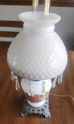 Vintage Gone With The Wind Hurricane Lamp Milk Glass Girl Crystals Hanging