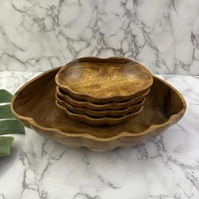 Vintage 70s Monkey Pod Wood Serving Bowl Set of 5 Chip Dip Scallop Shell Shaped