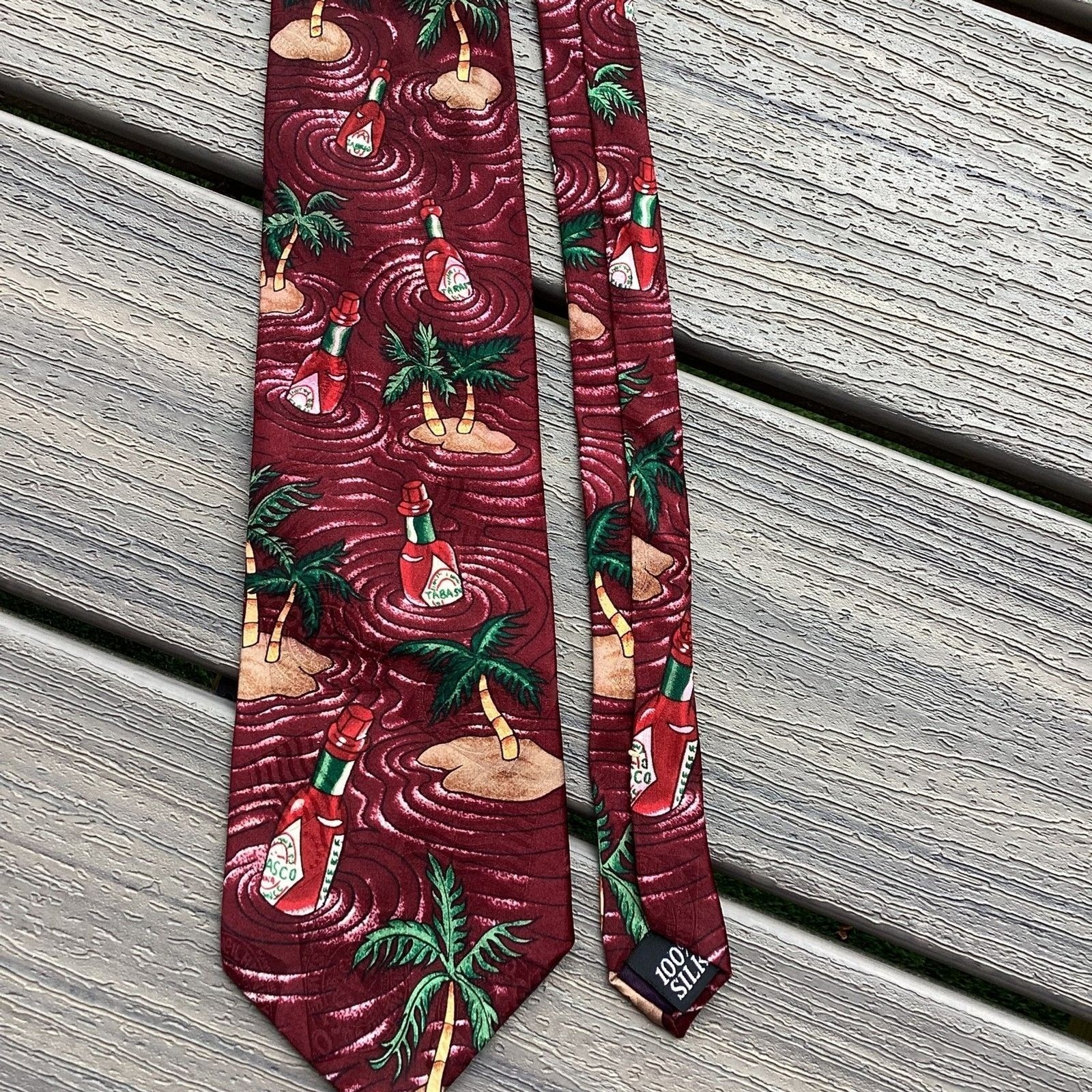Men's Silk Tie Burgundy Tabasco Island Palm Tree Novelty