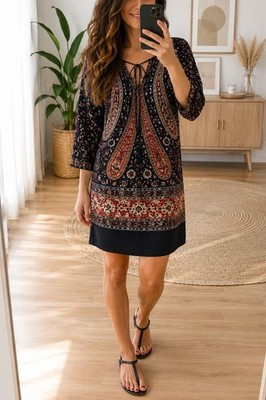 Massimo Dutti Kleid Tunika Boho Paisley Muster V-Ausschnitt 3/4 Arm Kordelzug 