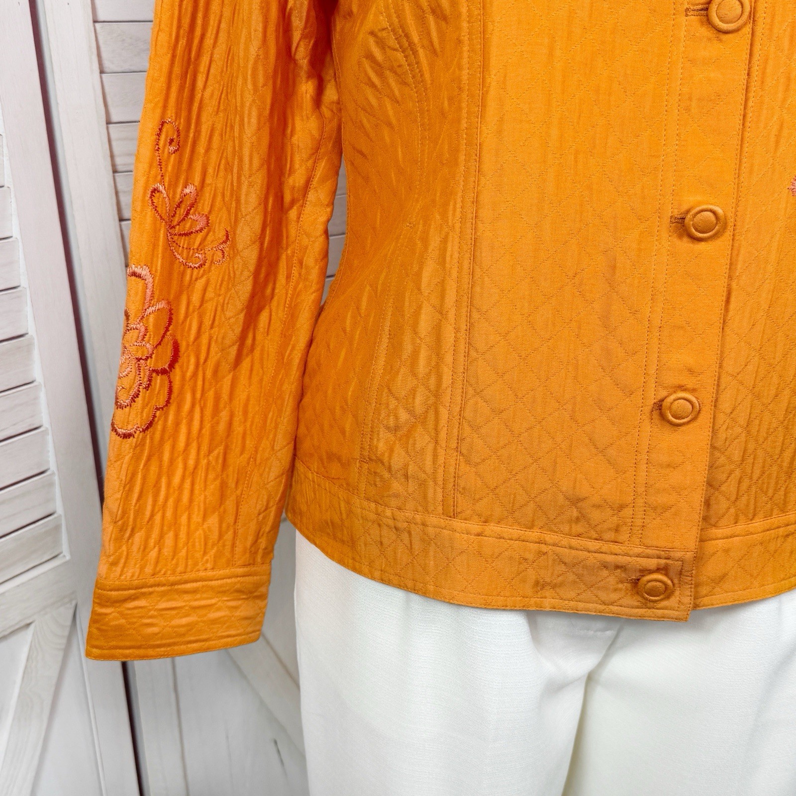 Chico’s Jacket Large 2 Orange Boho Embroidered Qu… - image 6