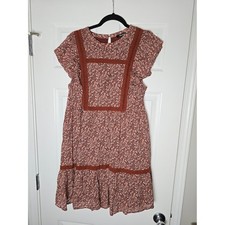 Madewell Women's Flutter Sleeve Mini Cottage Dress Rust Floral Lace-Trim Dress L