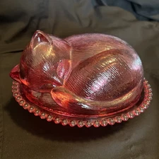 RARE INDIANA GLASS PINK CRANBERRY KITTEN CAT SLEEPING ON A NEST CONFECTIONS VTG!