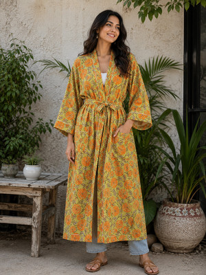 Indian Hand Block Print Cotton Kimono Robe Women Long Floral Bathrobe Handmade