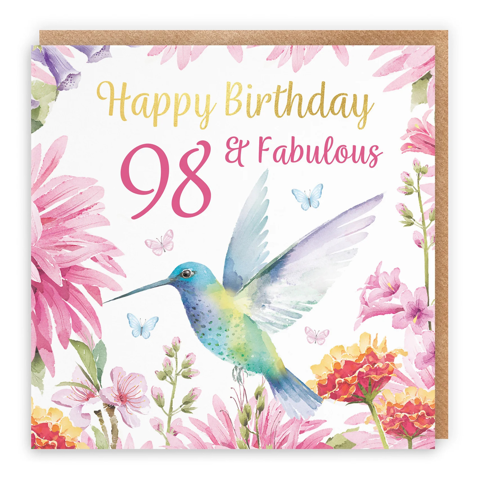98th Birthday Card Hummingbird Gold Foil Milo's Gallery