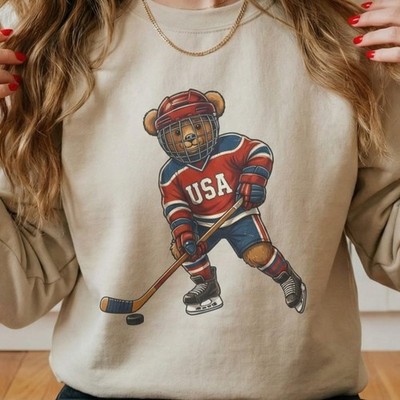 USA Teddy Bear Sweatshirt, Winter Hockey Crewneck, Ice Hockey Fan