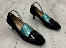 Tod's Black Suede Patent Leather Gommino Loafer Kitten Heel Pumps Shoes EU 38