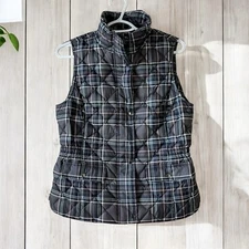 Talbots Gray Plaid Puffer Down Vest Womens XS Cozy Jacket Fall Winter Soft