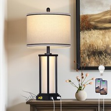 27" Tall Vintage Table Lamp with USB C A  Outlet,Black Industrial End Table ...