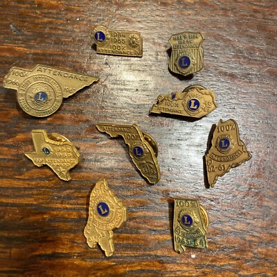 Lot of 9 Vintage 100% Attendance Lions Club International Lapel Hat Pins 1960s