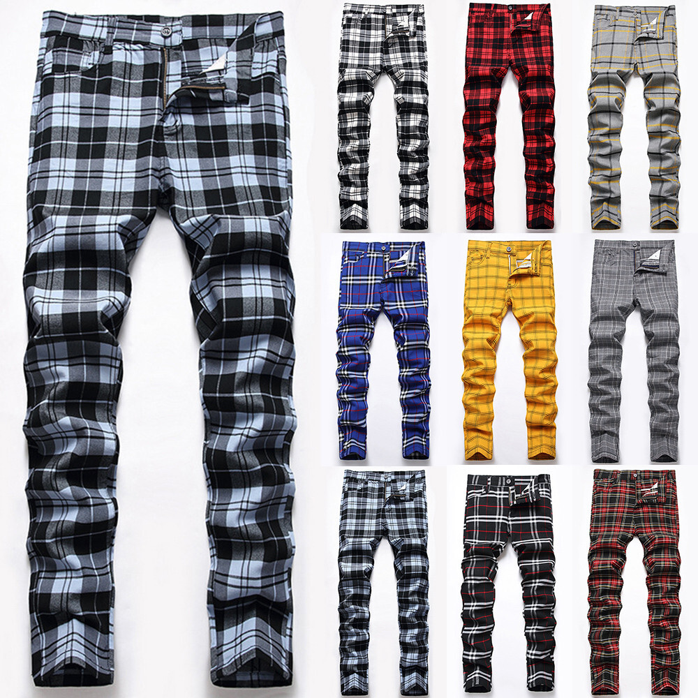 Pantalones chinos informales ajustados para hombre Pantalones a cuadros ajustados elásticos Pantalones de ocio