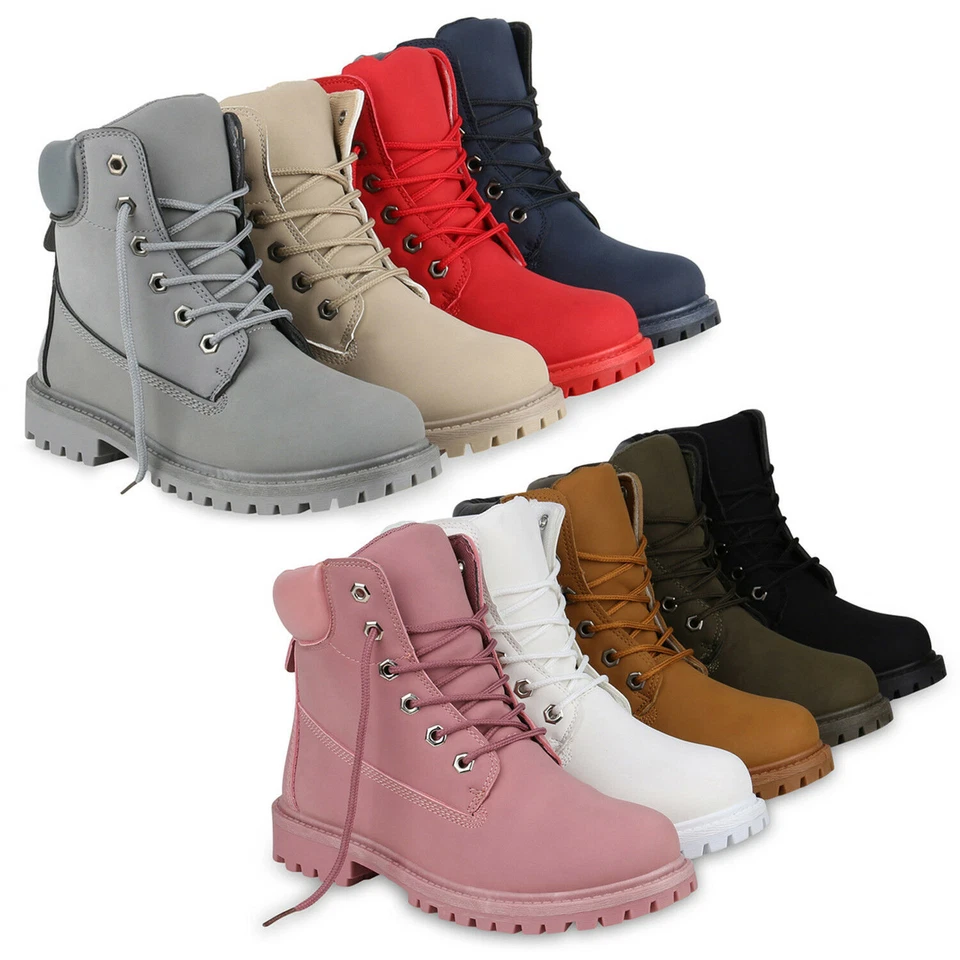 MARKENLOS Damen Stiefeletten Outdoor Profilsohle Worker Boots 819062 Schuhe