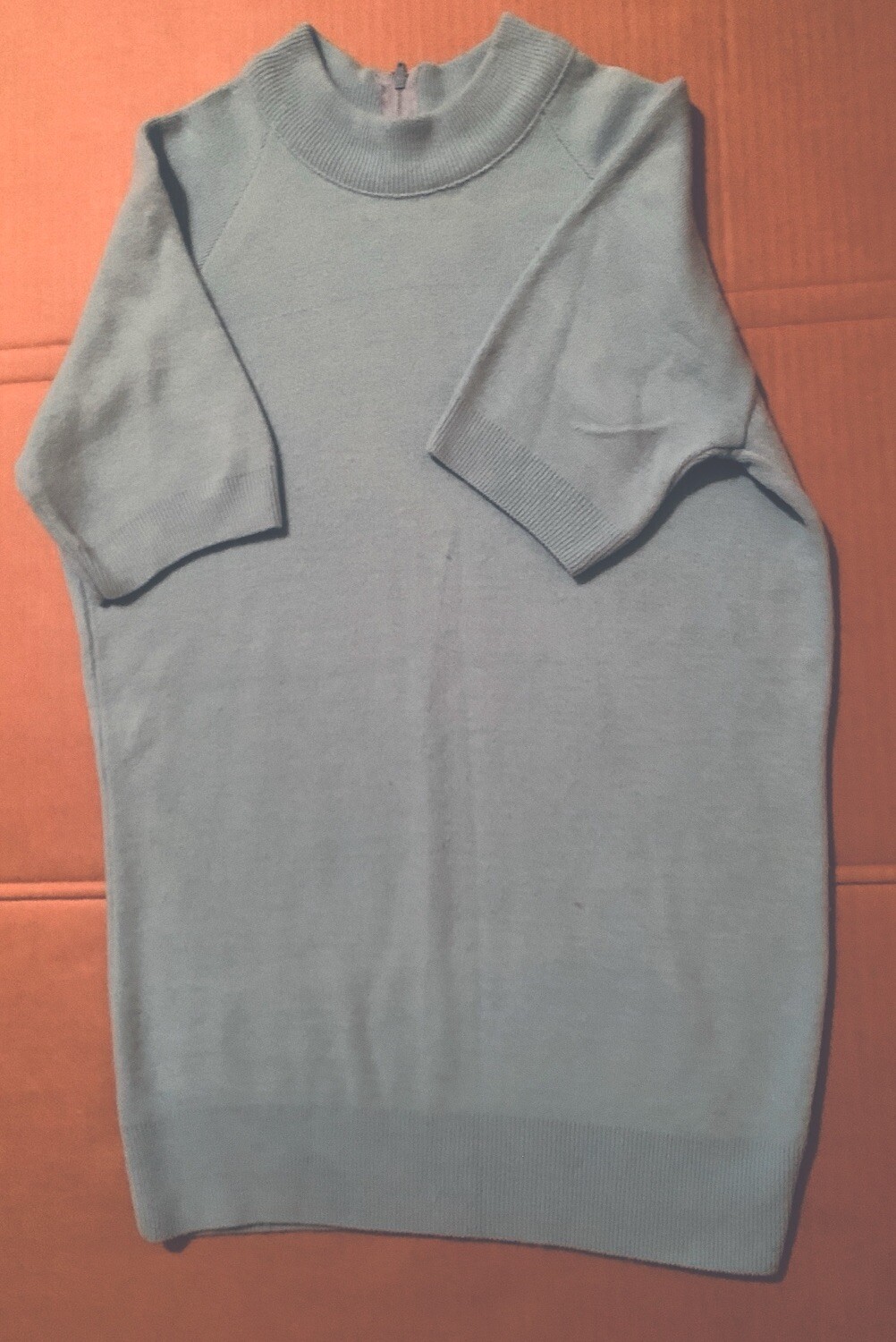 Women’s Sz M Soft Baby Blue, Short Sleeved Pullover Sweater, Back Zip Closure.