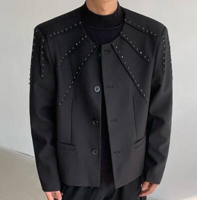 New Men's Round neck buttons Rivet Punk Coat Short Black Jacket Party Tops Suit