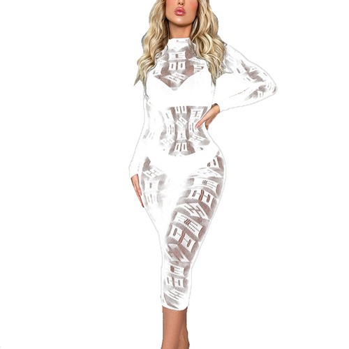 Womens Sheer Mesh Bodycon Dress See-through Long Sleeve Dress Nightwear Clubwear - Picture 11 of 68