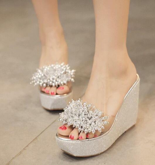 PANTOFOLA D’ORO Sandali ciabatte donna perline trasparenti zeppa alta plateau scarpe punta aperta