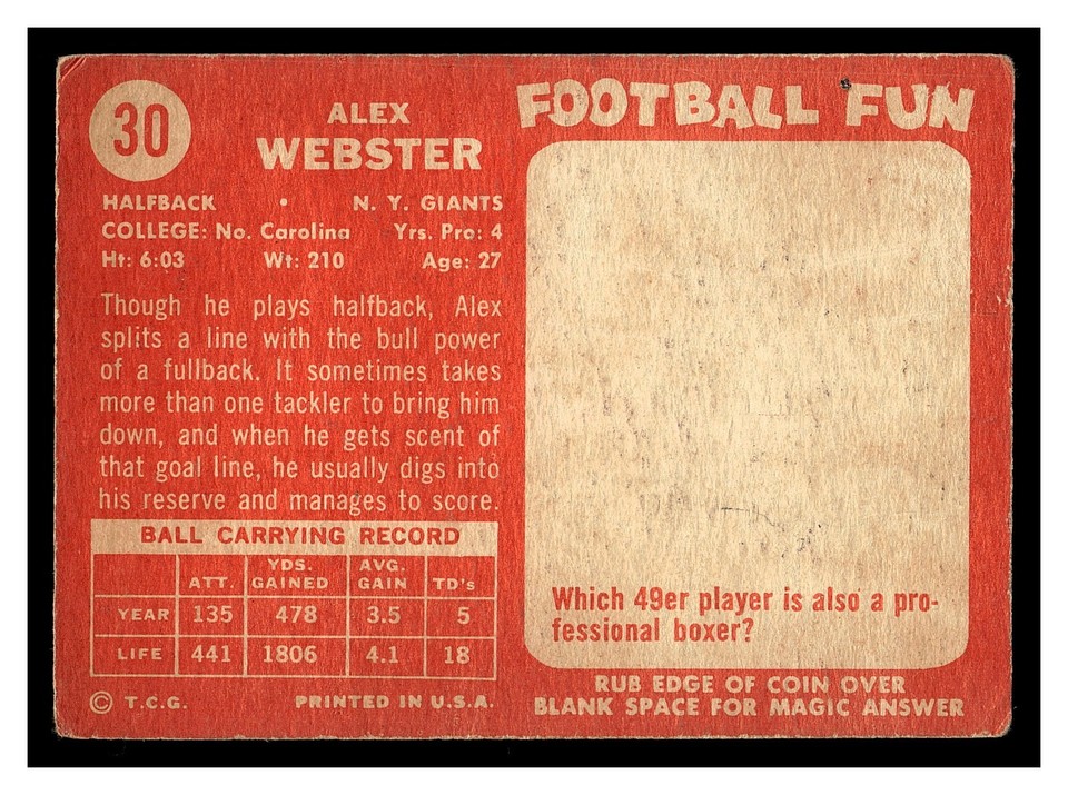 1958 TOPPS FOOTBALL ALEX WEBSTER 30 NEW YORK GIANTS QB MID GRADE LOOKS OK eBay
