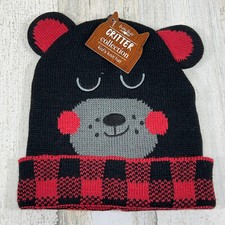 Britt's Knits Critter Collection Kids Knit Hat - BEAR - Black  Red Unisex NWT