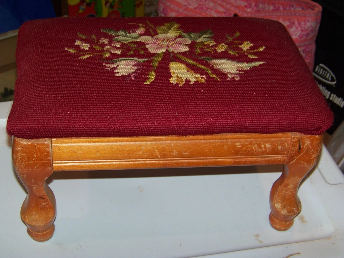 Rectangle Vintage Wooden Base Needlepoint Footstool AS IS