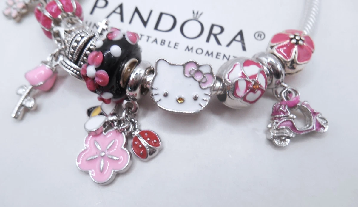 PANDORA BRACELET WITH PINK KITTY CATERPILLAR ROSE MOPED FLOWER THEMED  CHARMS!