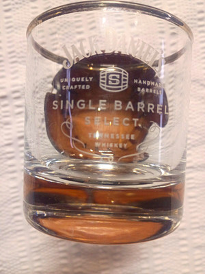 Jack Daniel s Single Barrel Select Whiskey Glass, Clear w/ Brown Leather Holder