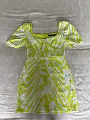 French Connection Green White Blue Floral Square Neck Puff Sleeve Mini Dress 2