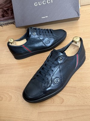 Gucci 170573 Herren Schwarz Leder Web Grün/Rot Niedrig Turnschuhe Sneakers Uk 10