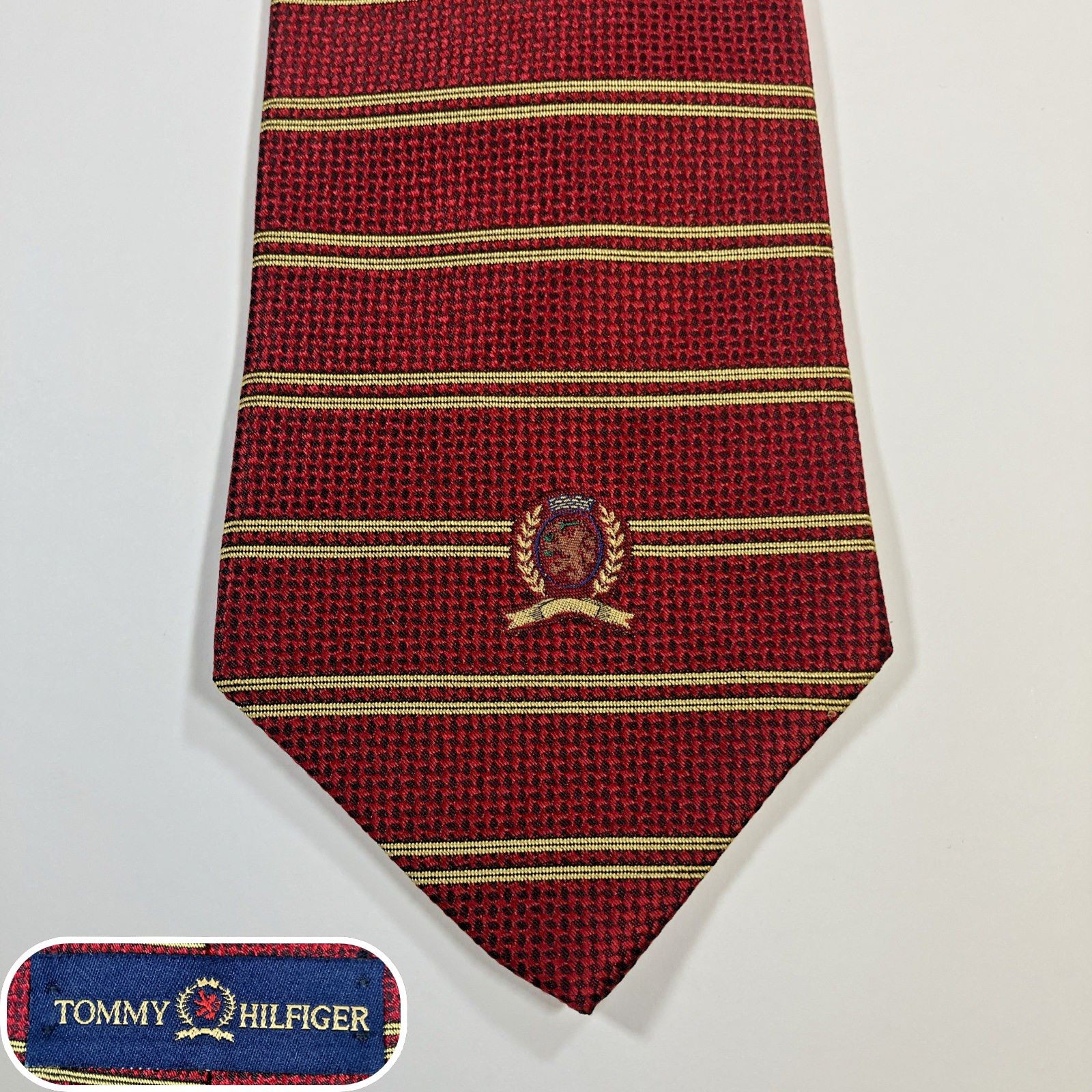 Tommy Hilfiger Men's Tie Italian Silk Striped Red Made in USA Preppy Crest Logo