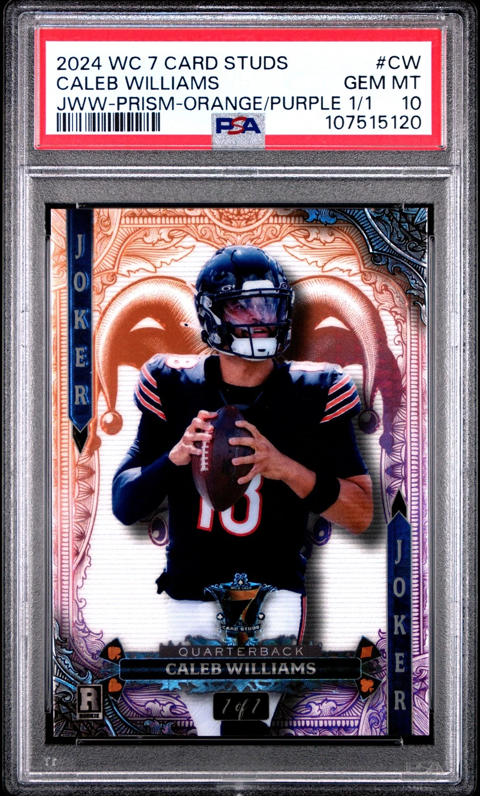 Caleb Williams Wild Card 7 Card Studs Hobby Jokers Wild White #CW Prism Foil-Orange/Purple 1/1