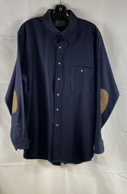 Vintage Pendleton Men's Navy Blue Wool Suede Elbow Patch Trail Shirt Sz L