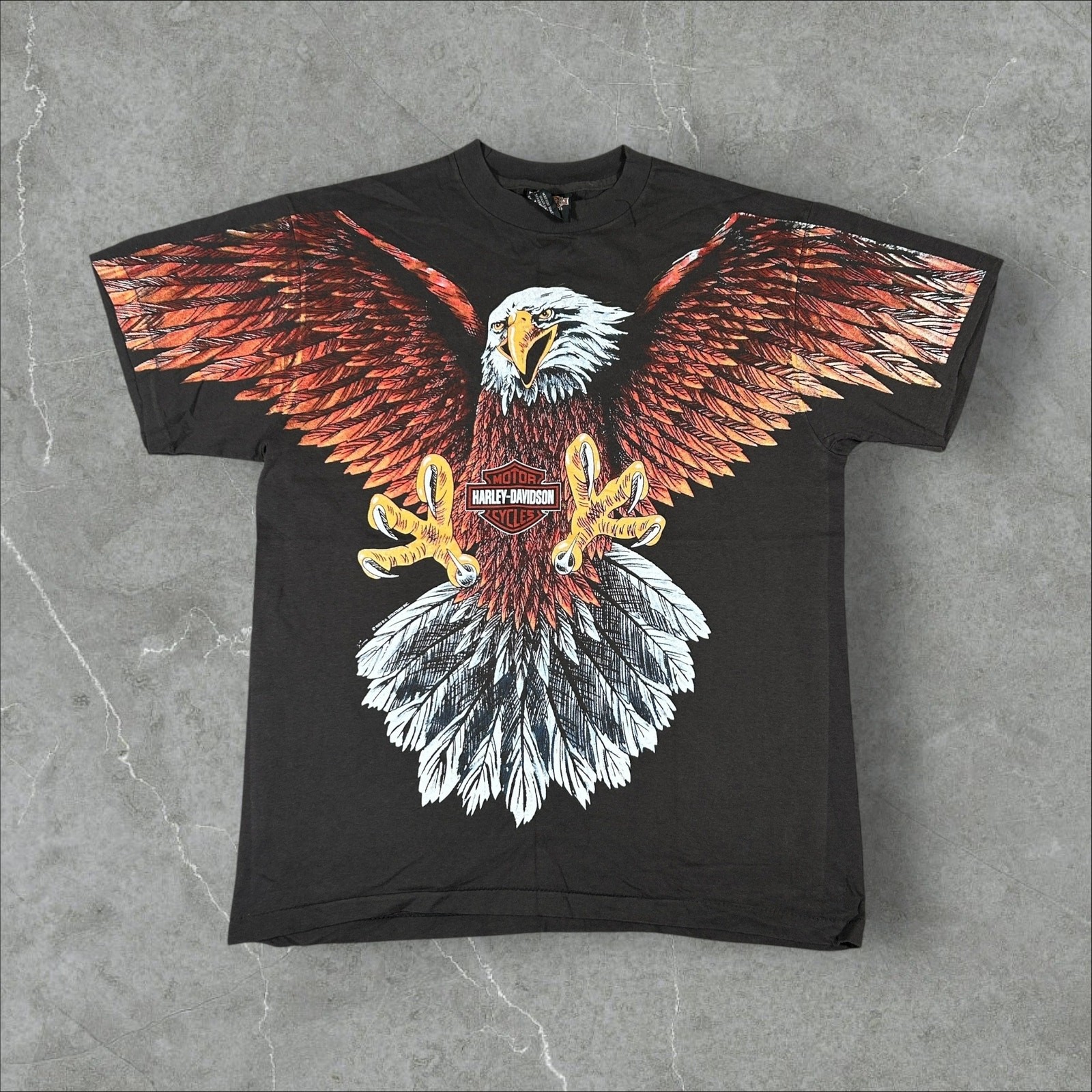 Vintage 1993 Harley Davidson Eagle AOP Size Large Single Stitch Reprint T-Shirt