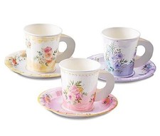HOMIX 24 Paper Tea Cups and Plates, 7 OZ Disposable Paper Teacups and Floral