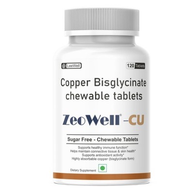 ZeoWell CU Copper Bisglycinate 120 Chewable Tablets, Sugar Free, 1.7mg