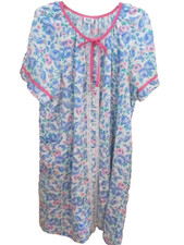 Housecoat Robe Cotton Blue Pink Floral Snap Front Chest- 48" L/XL Vintage 1970s