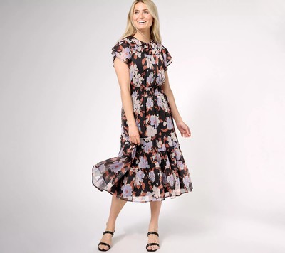 Destination 365 Short Sleeve Printed Midi Dress Black XXS New