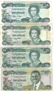 Lot of 4 Bahamas &1 Dollar Banknotes 1974/2001