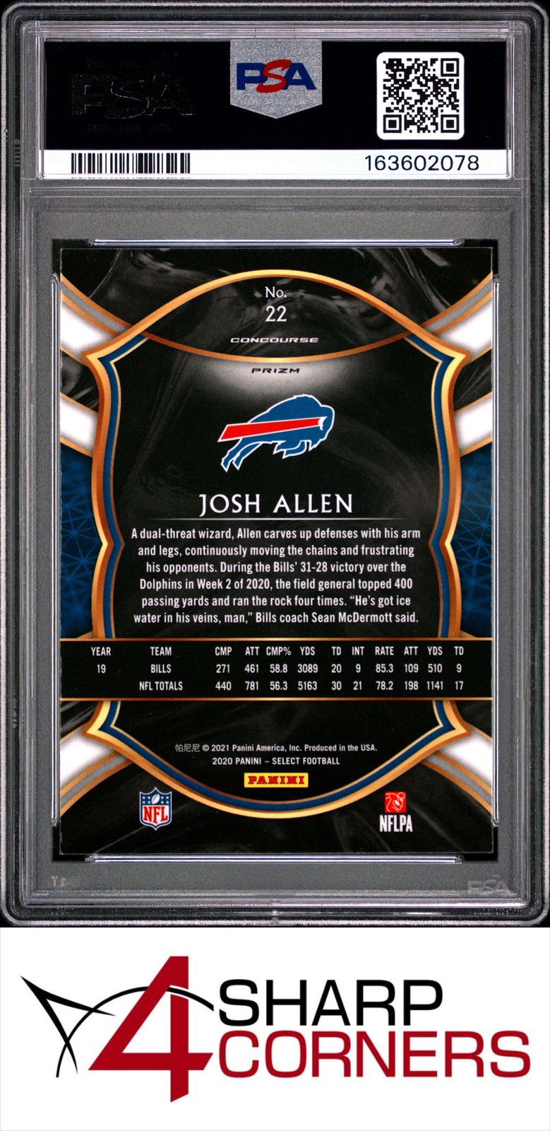 2020 PANINI SELECT SILVER PRIZM #22 JOSH ALLEN POP 1 PSA 8.5 view 2